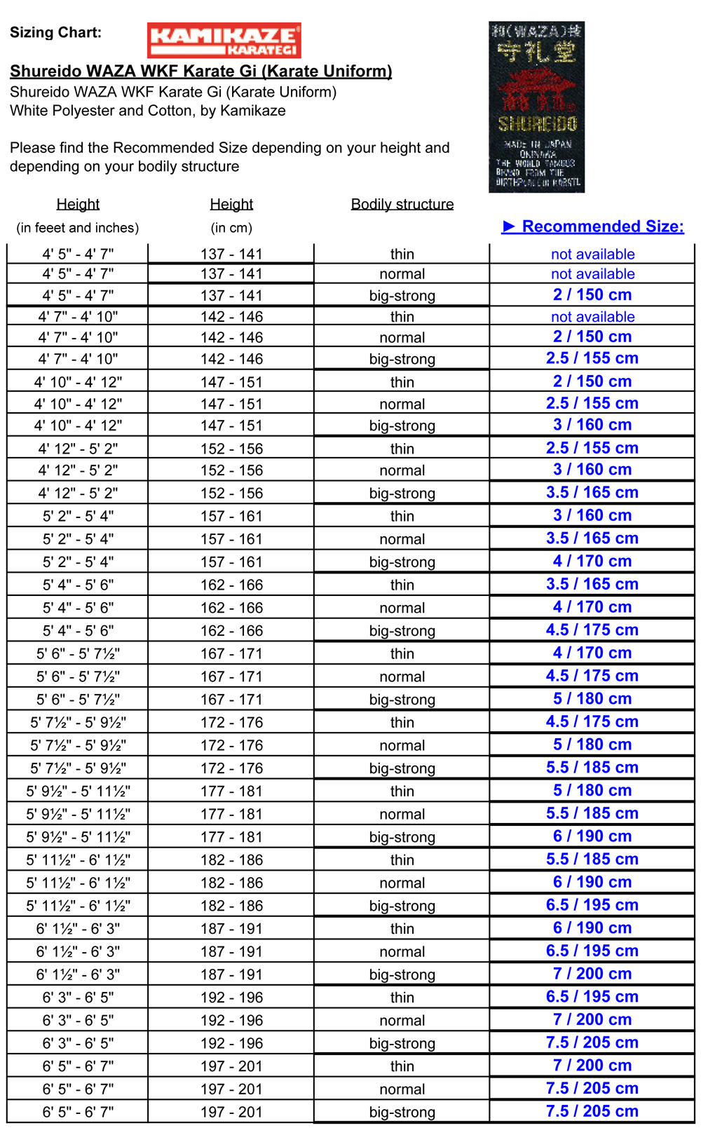 Adidas Karate Uniform Size Chart